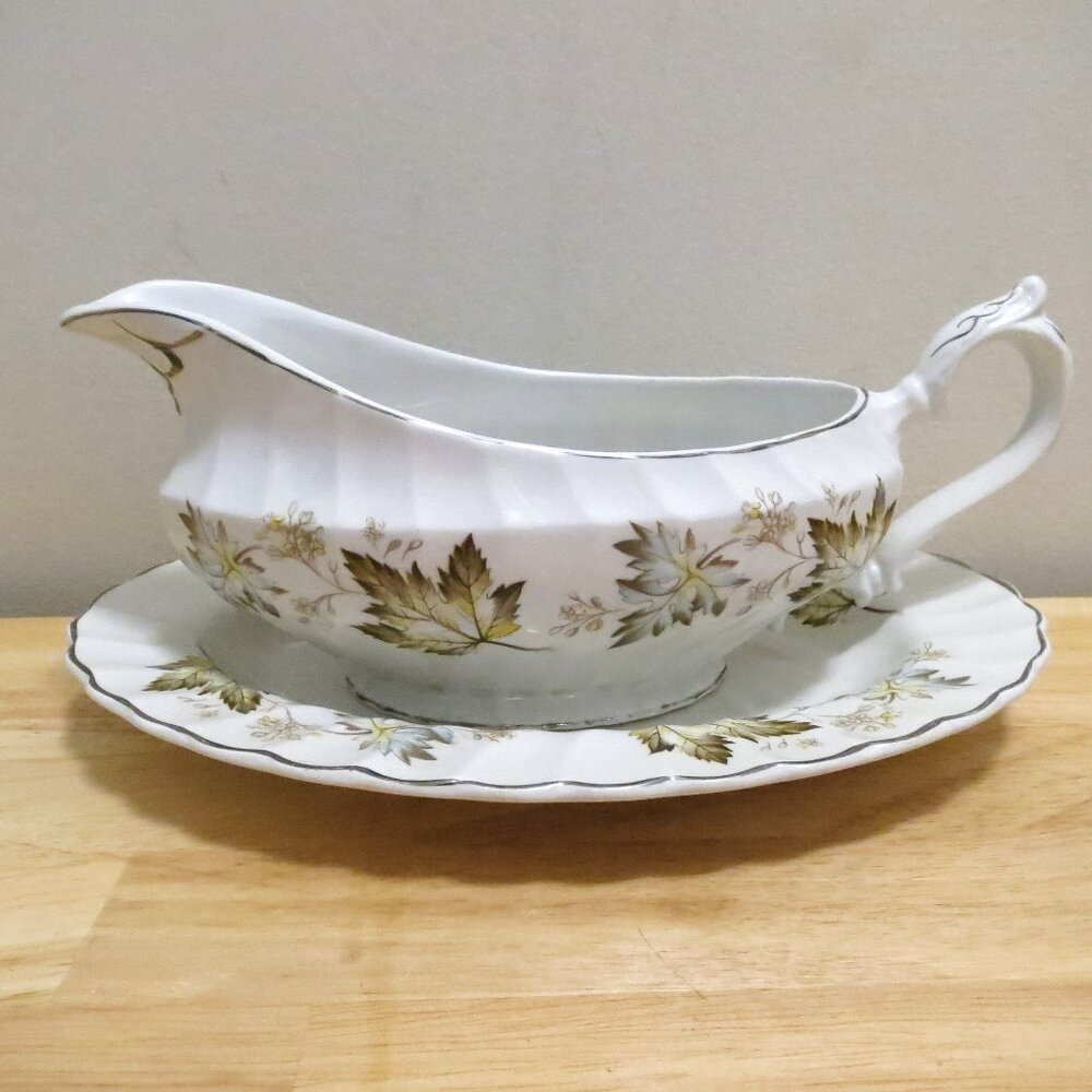 Myott Ironstone White Gravy Boat & Oval Underplate England Maple Leaves